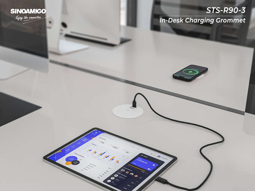 Revolutionize your workspace with our STS-R90-3 In-Desk Charging Grommet: A Blend of Convenience, Power, and Style