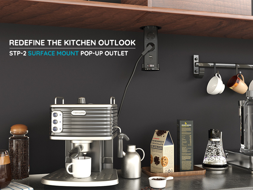 Streamline your kitchen design with ultra-modern STP-2 surface mount pop-up outlet
