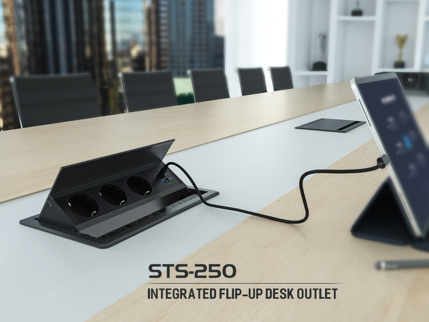 Redesigned STS-250 Integrated Flip-up Desk Outlet combines optimal functionality with a sleek design