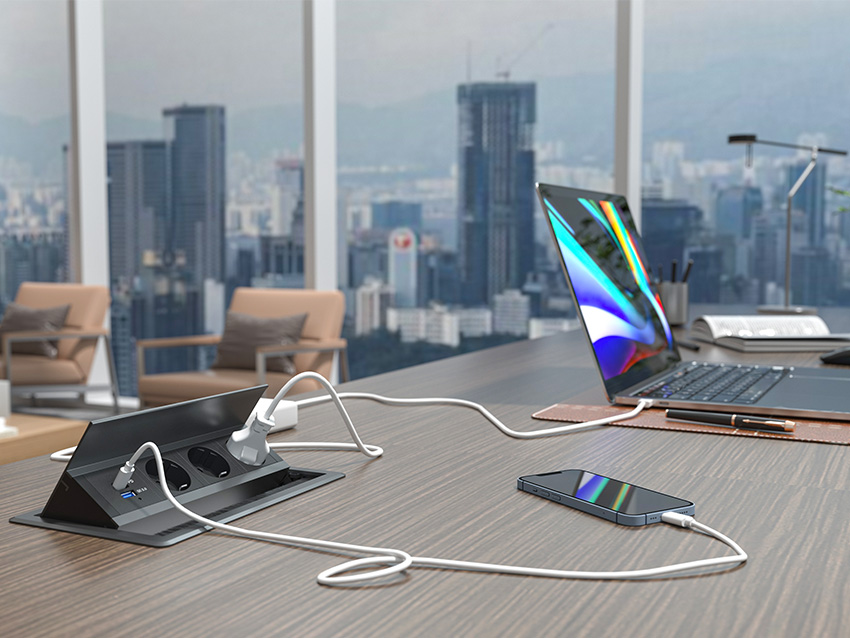 Enhance your Workspace functionality with the STS-250 Flip-Up Desk Outlet! 