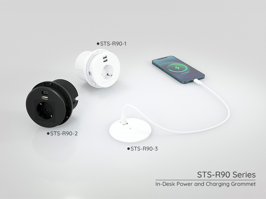 STS-R90 Series In-Desk Power and Charging Grommet: Plug in and Power up with ease. 