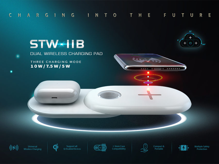 STW-11B Dual Wireless Charging Pad with swivel fold design