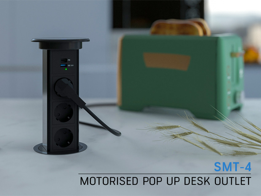 SMT-4 Motorised Pop-up Desk Outlet: Functional and elegant solution to bring power where is needed